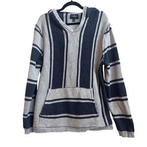 American Eagle Outfitters Mens Blue, Gray, and White Stripe Coastal Knit Hoodie